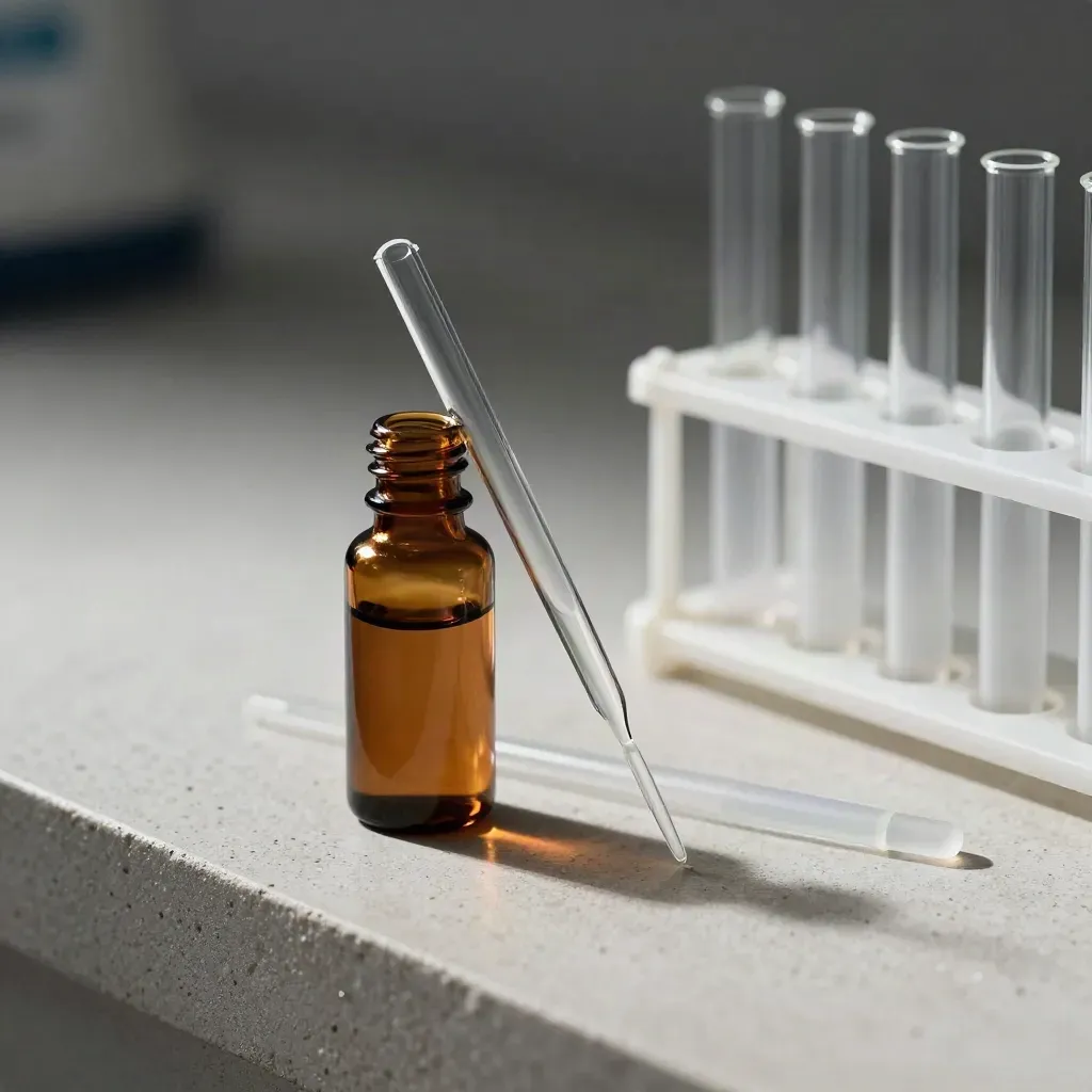 Amber reagent vial, pipette tips, and frosted tube rack on pale stone under hard lab light.