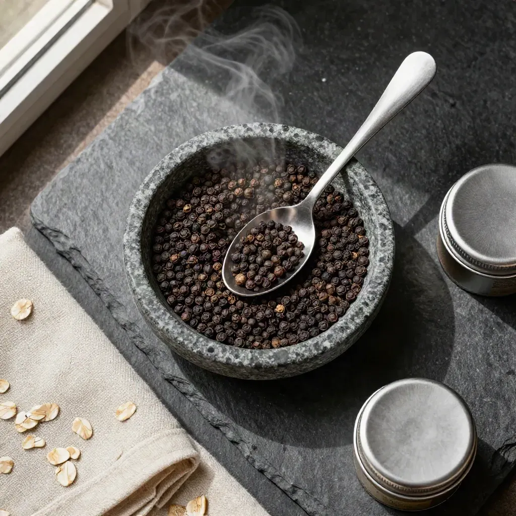 Top-down still life of peppercorns, spoon, linen towel and spice tins on stone.