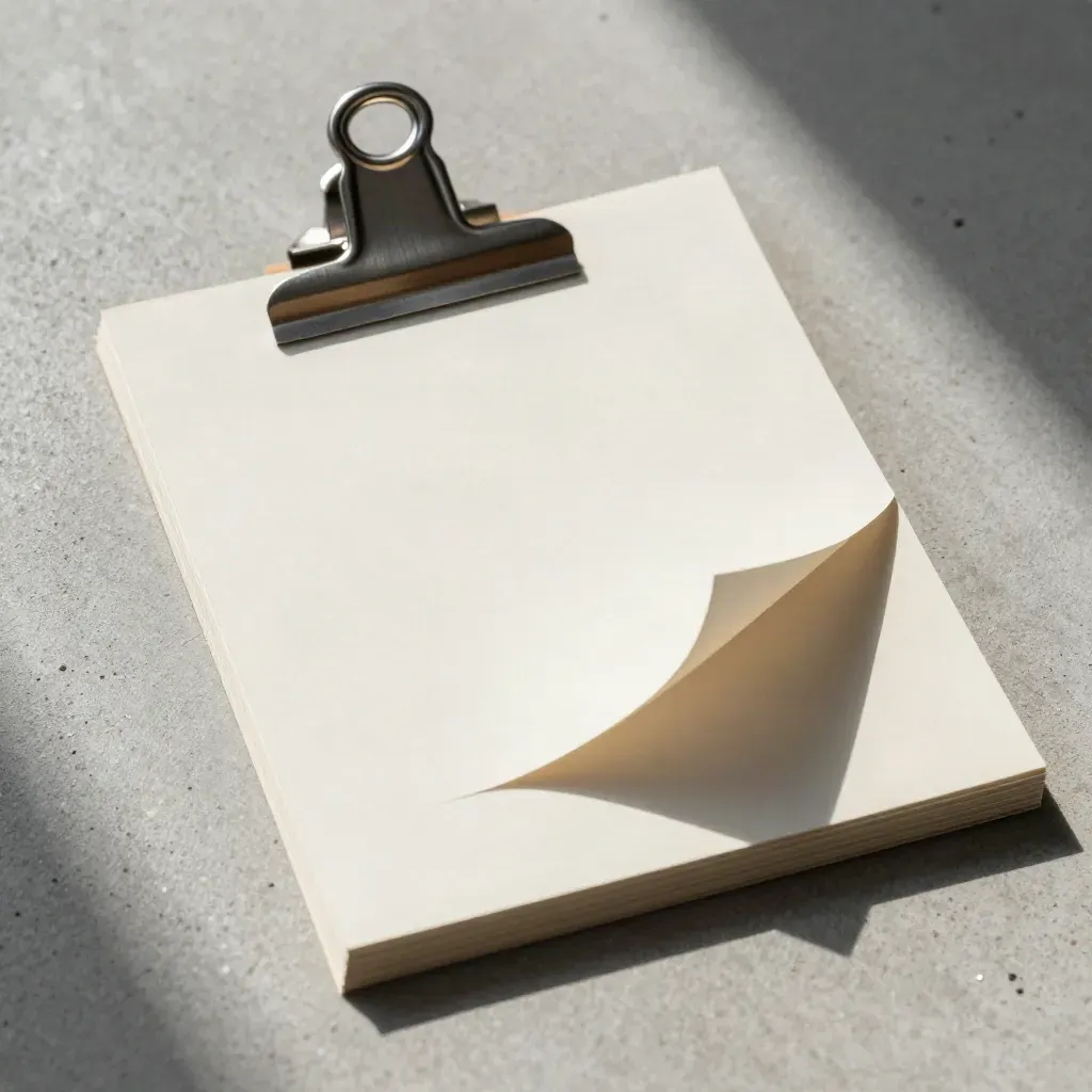Blank storyboard cards clipped to acetate on pale concrete, lit by a hard upper-left highlight.