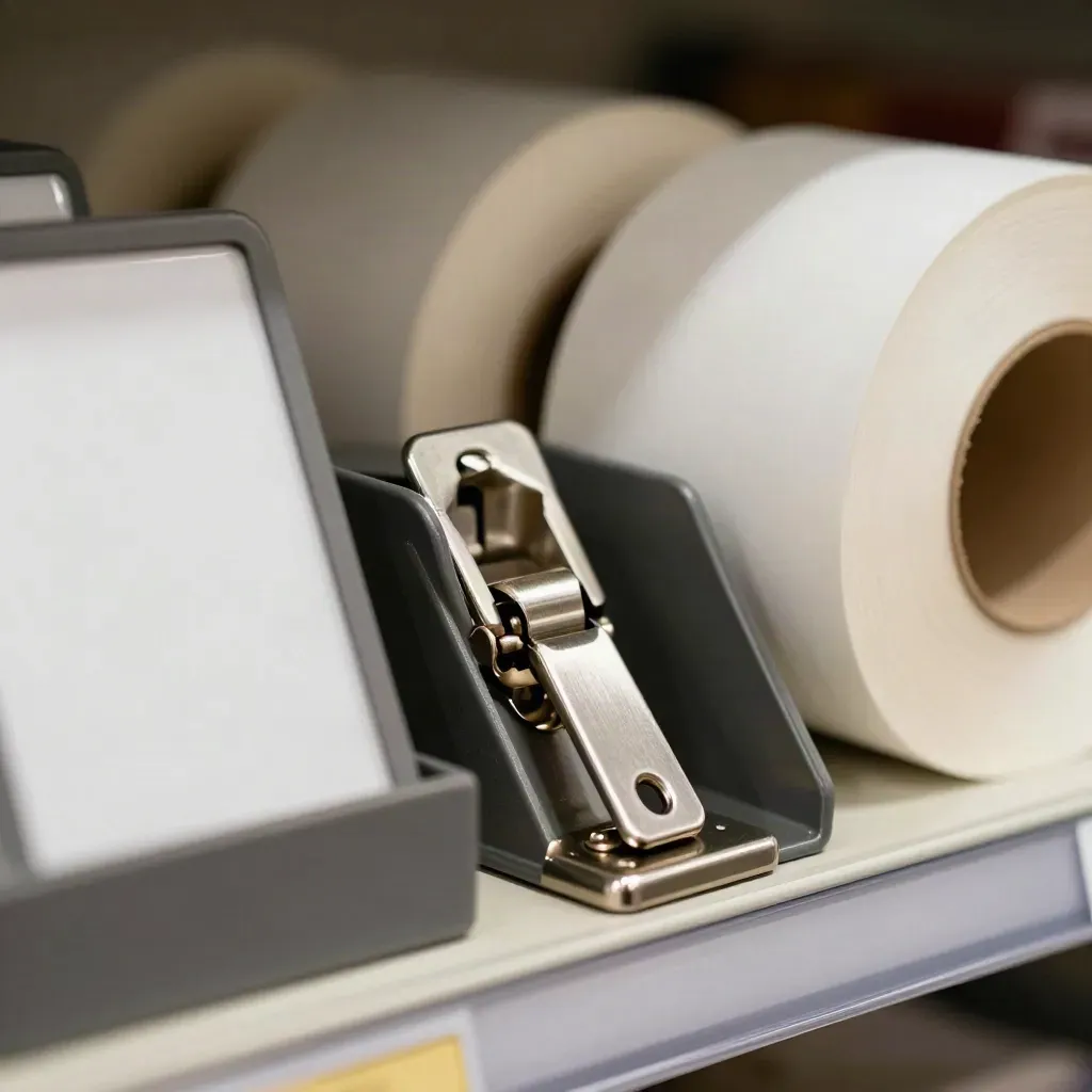 Macro shelf clips, receipt rolls, and a promo stand hinge on brushed steel with warm retail light.